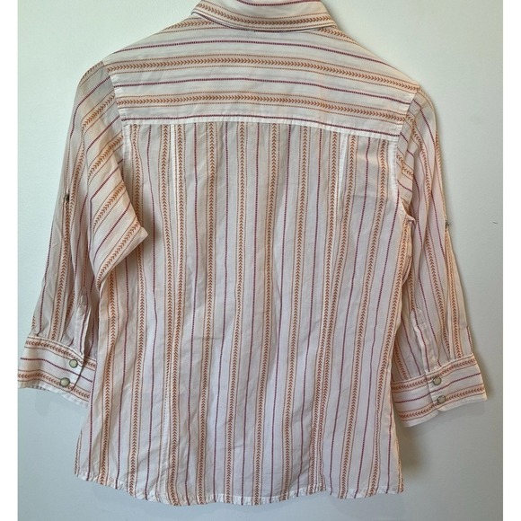 The North Face Women Small White Orange Striped Snap Front Roll Tab Sleeve Shirt - Picture 7 of 10